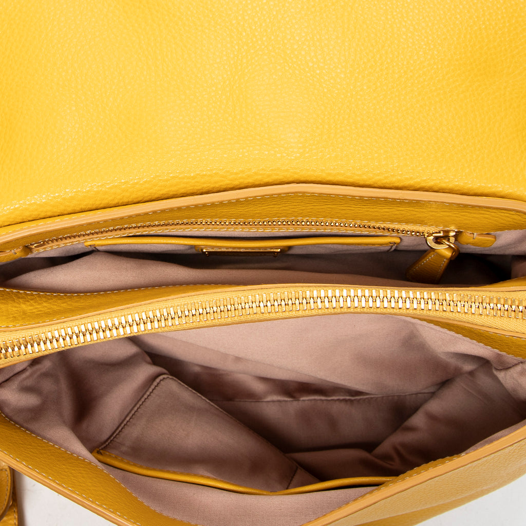 Shoulder Bag Turn Lock Flap Top Handle Yellow Vitello Caribu Leather