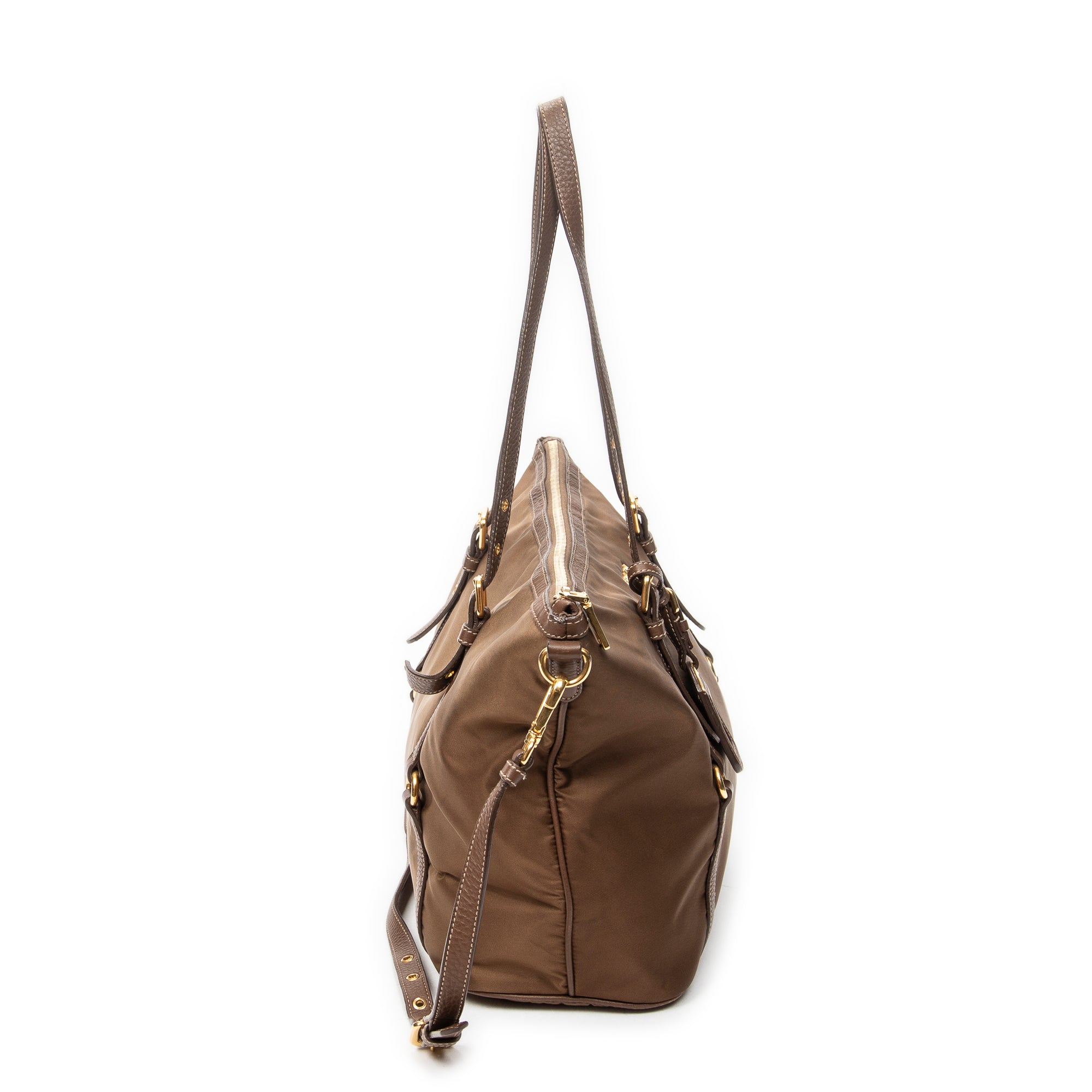 Shoulder Bag Zip Shopping Tote Brown Nylon Canvas