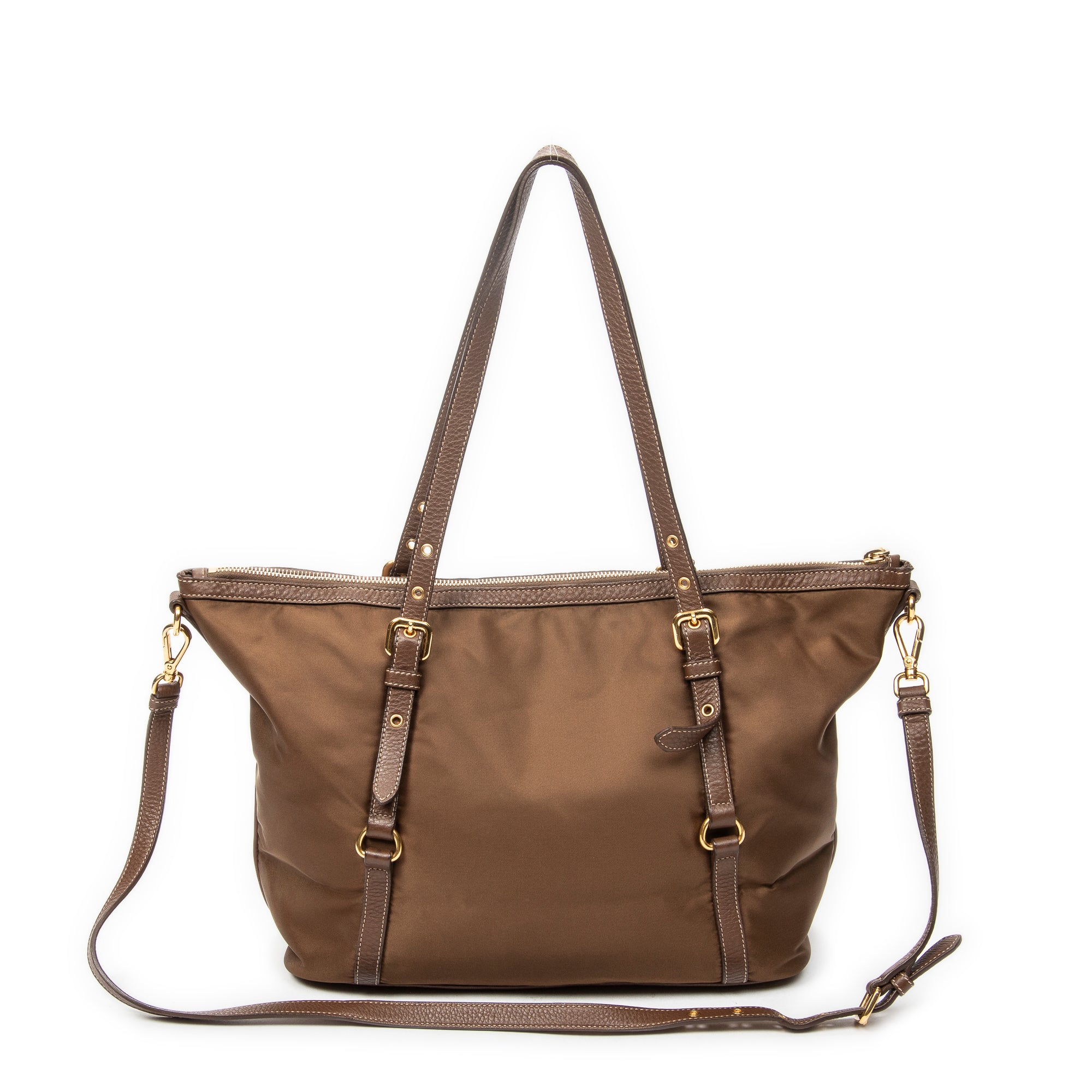 Shoulder Bag Zip Shopping Tote Brown Nylon Canvas
