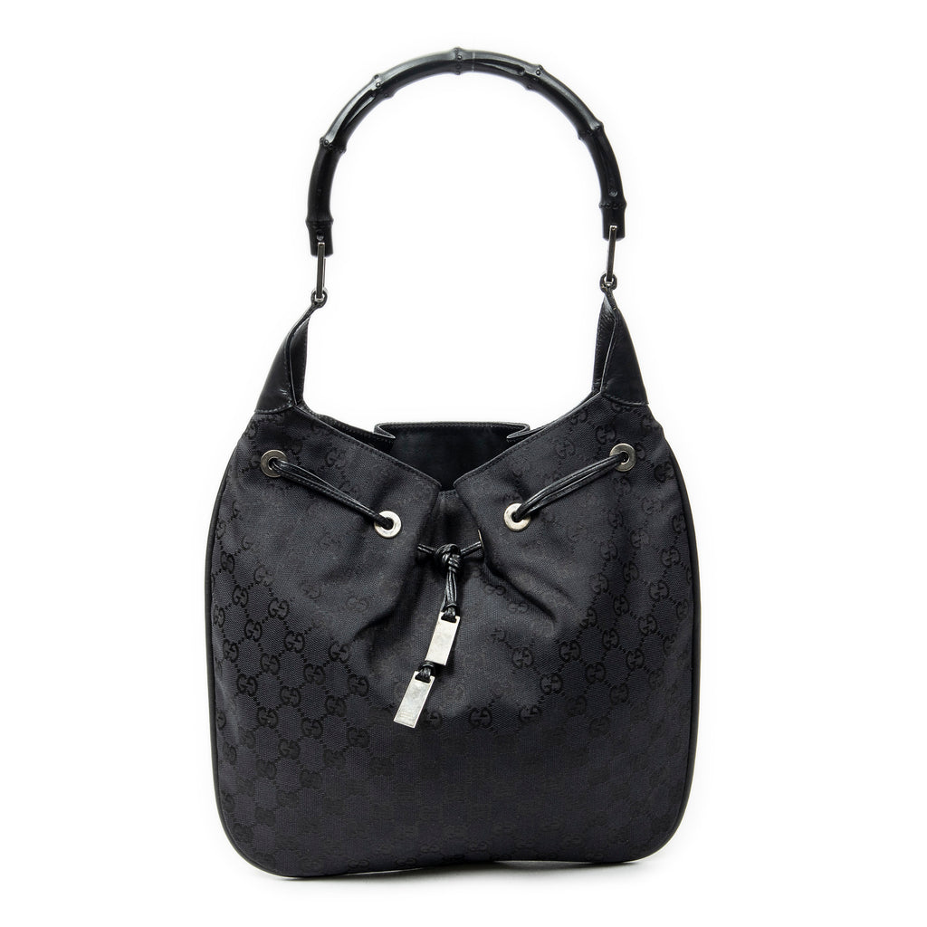 Shoulder Bag Bamboo Drawstring Tote Black Monogrammed Canvas