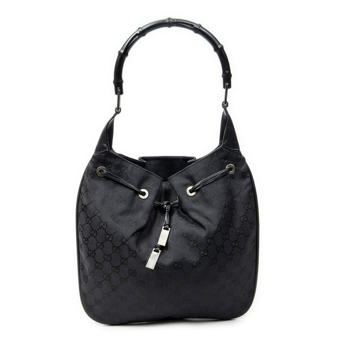 Shoulder Bag Bamboo Drawstring Tote Black Monogrammed Canvas