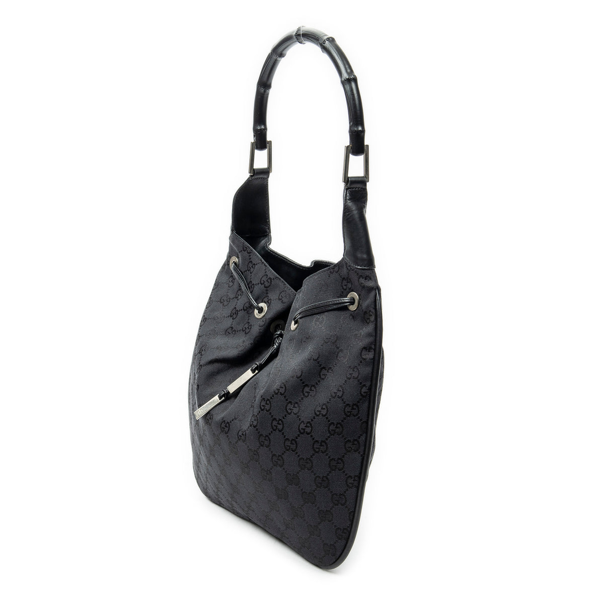 Shoulder Bag Bamboo Drawstring Tote Black Monogrammed Canvas