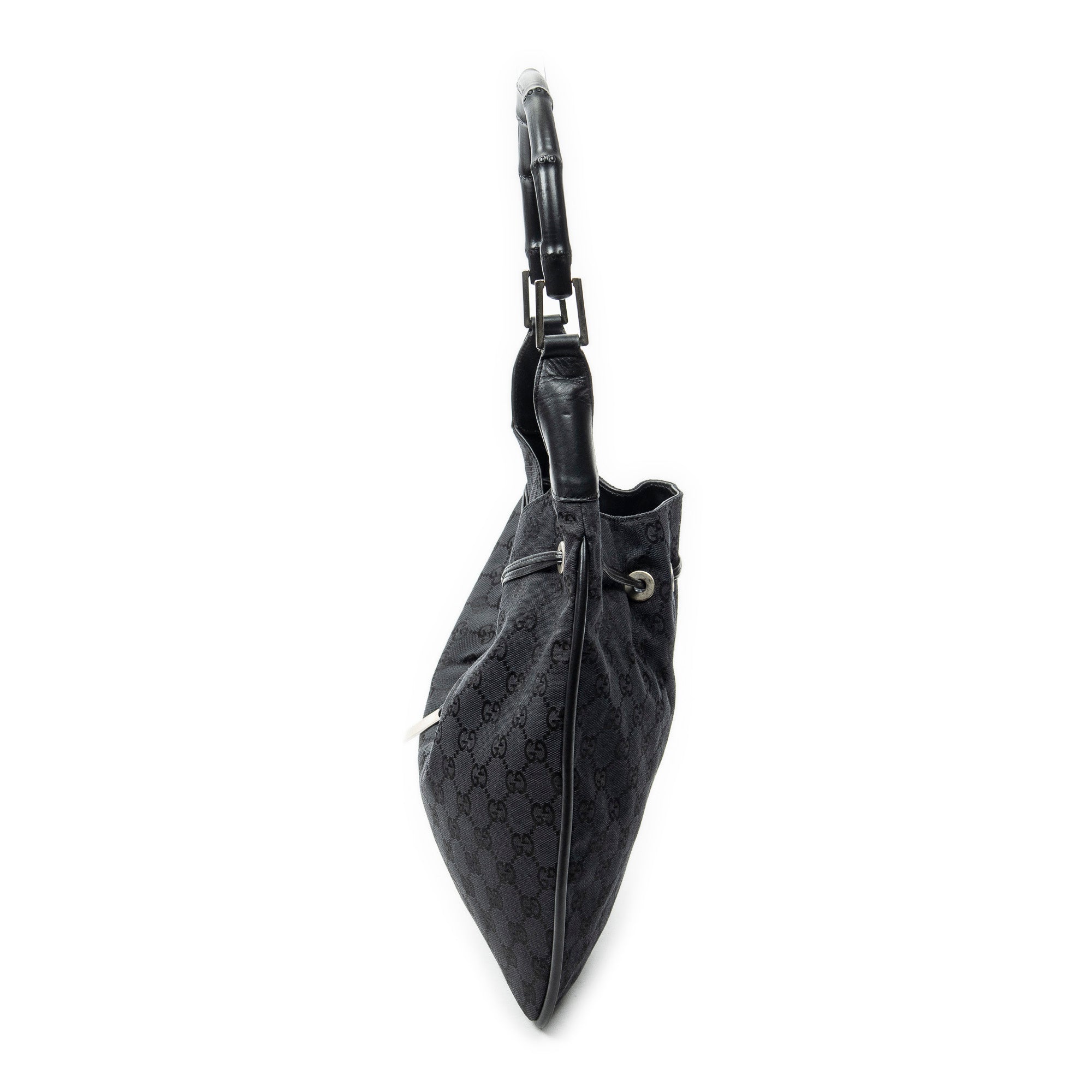 Shoulder Bag Bamboo Drawstring Tote Black Monogrammed Canvas