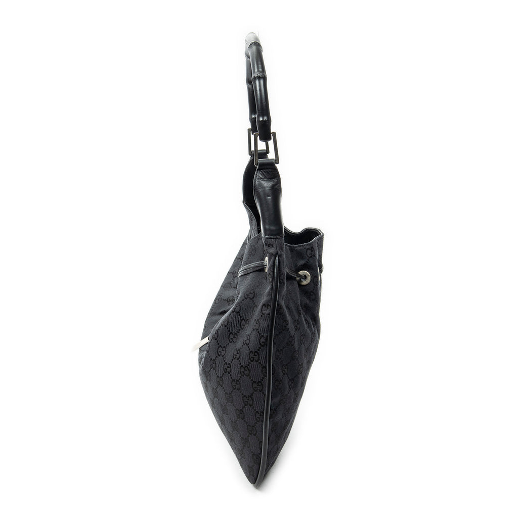Shoulder Bag Bamboo Drawstring Tote Black Monogrammed Canvas