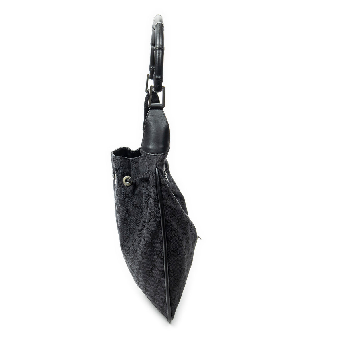 Shoulder Bag Bamboo Drawstring Tote Black Monogrammed Canvas