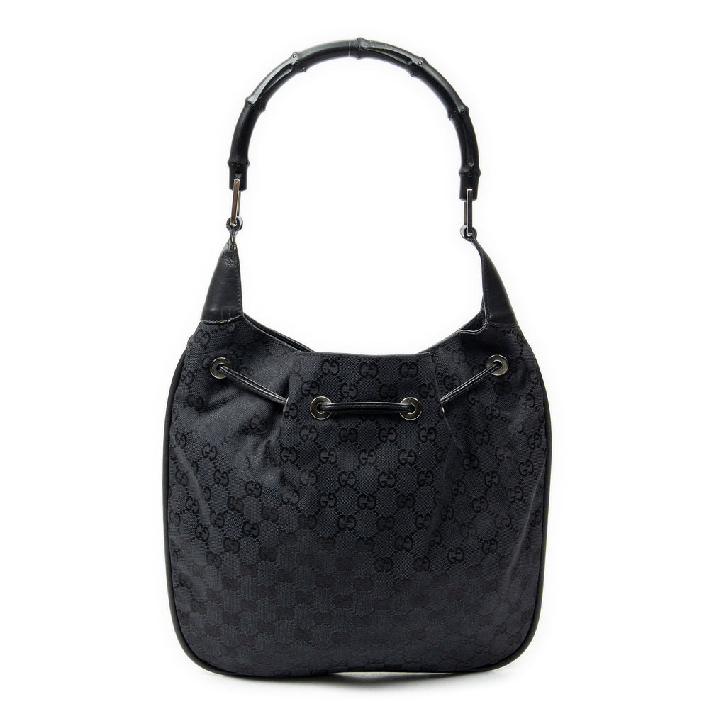 Shoulder Bag Bamboo Drawstring Tote Black Monogrammed Canvas