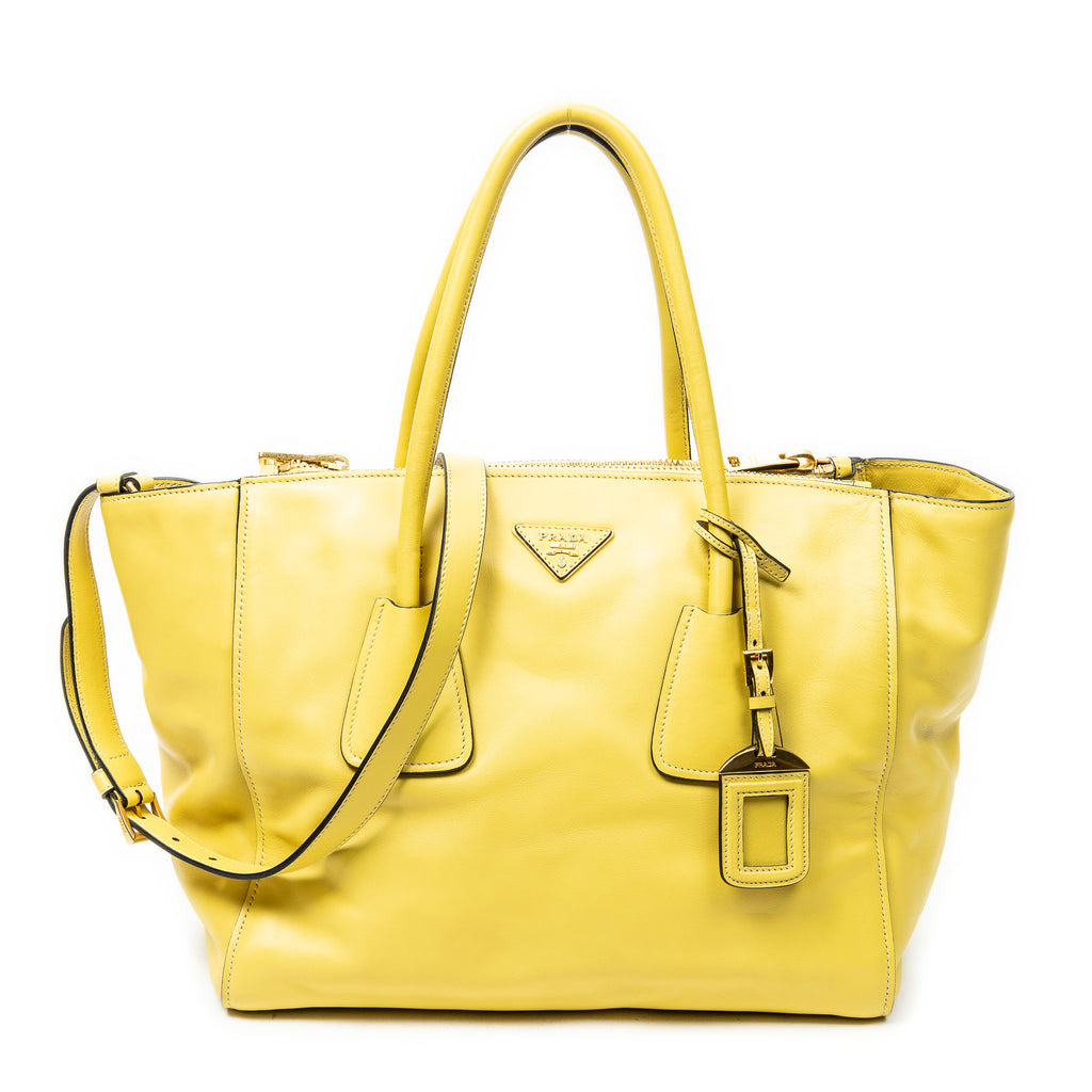 Shoulder Bag Twin Pocket Double Handle Tote Yellow Vitello Soft Leather