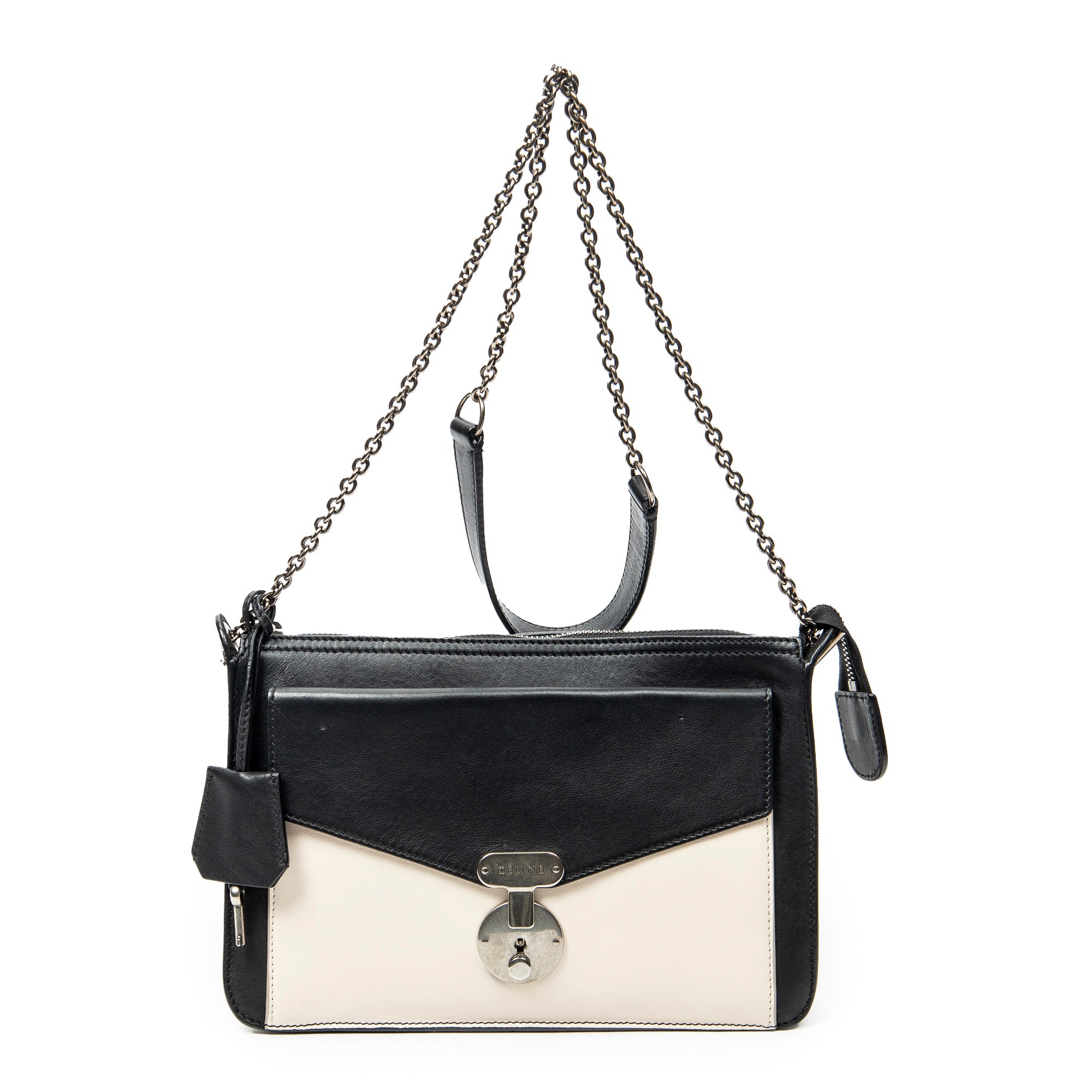 Shoulder Bag Bicolor Envelope Zip Crossbody Black Grained Calfskin Leather