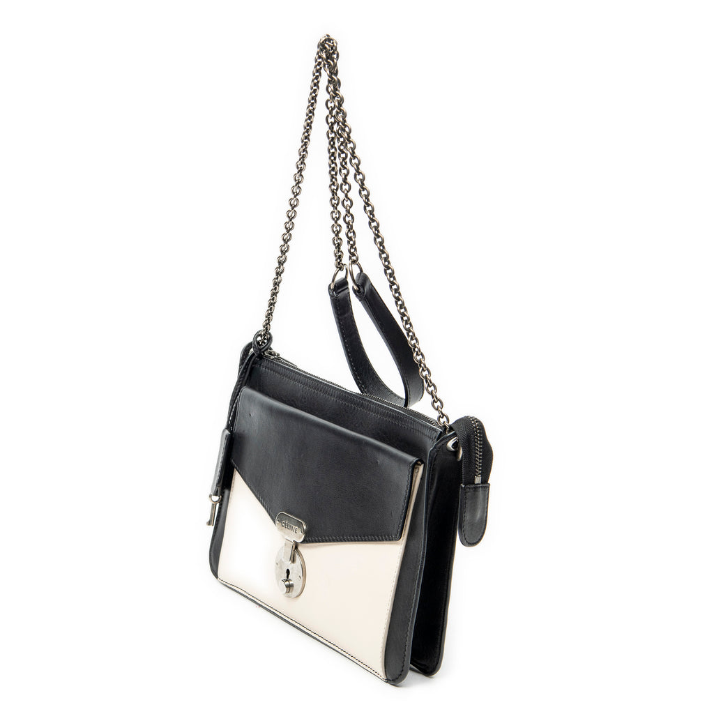Shoulder Bag Bicolor Envelope Zip Crossbody Black Grained Calfskin Leather