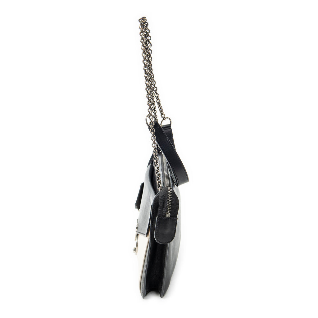 Shoulder Bag Bicolor Envelope Zip Crossbody Black Grained Calfskin Leather