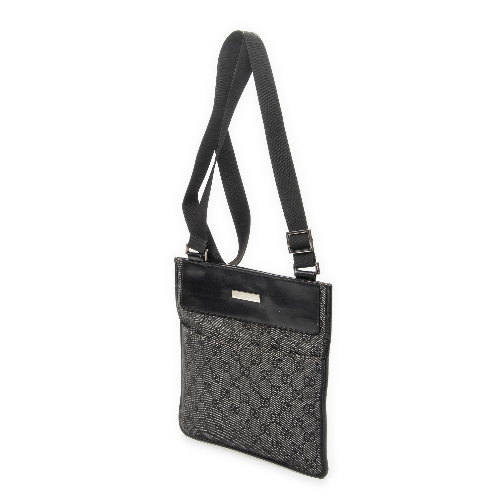 Shoulder Bag Small Flat Messenger Grey Monogrammed Denim Canvas