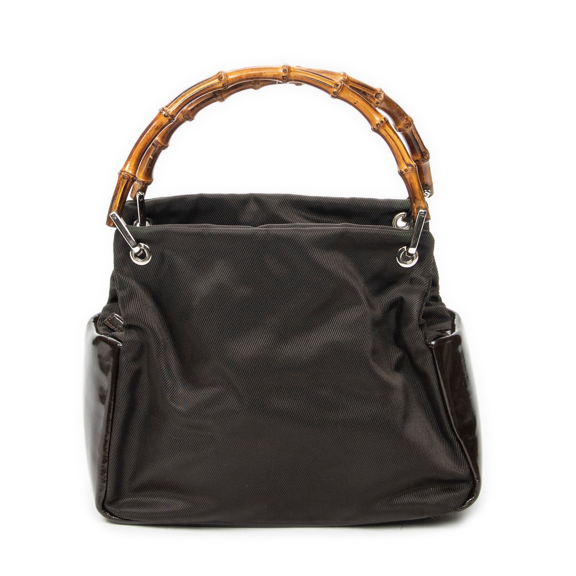 Shoulder Bag Top Handle Bamboo Satchel Dark Brown Nylon Canvas