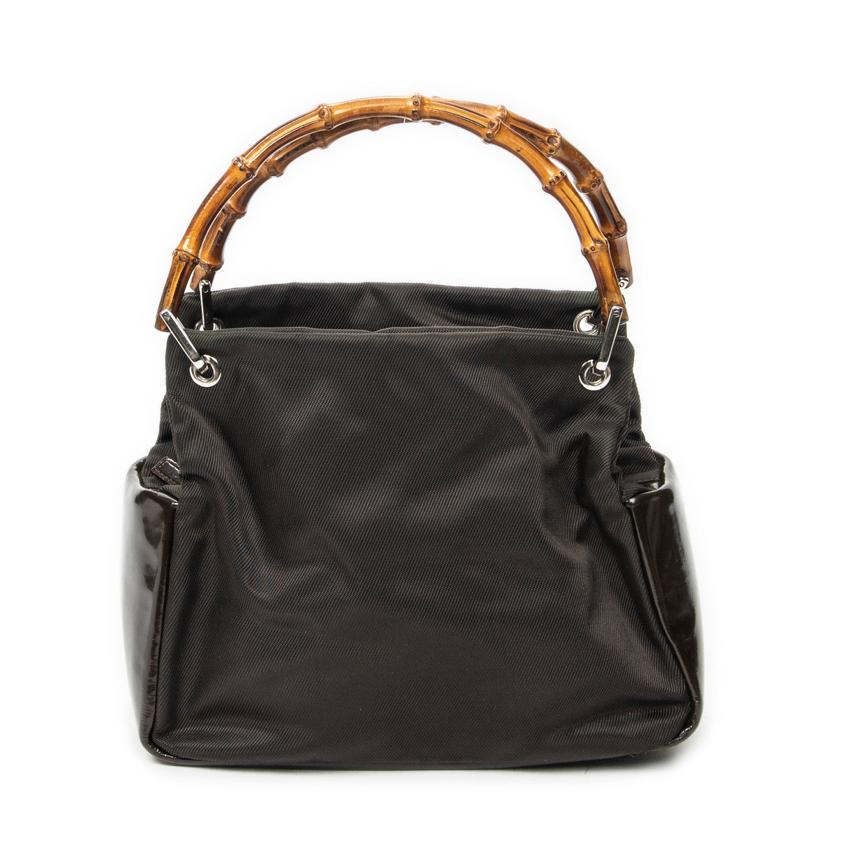 Shoulder Bag Top Handle Bamboo Satchel Dark Brown Nylon Canvas