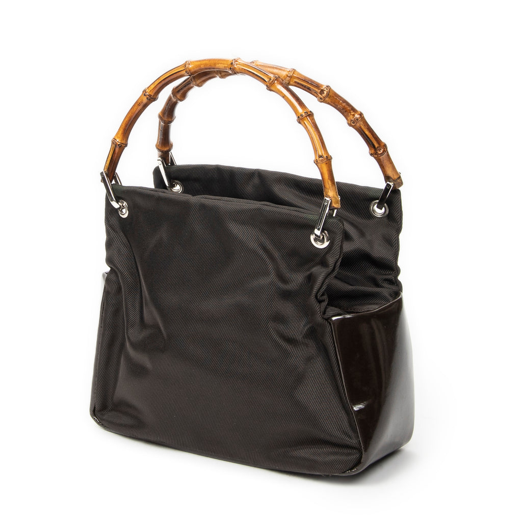 Shoulder Bag Top Handle Bamboo Satchel Dark Brown Nylon Canvas