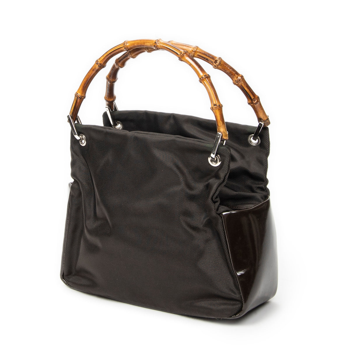 Shoulder Bag Top Handle Bamboo Satchel Dark Brown Nylon Canvas