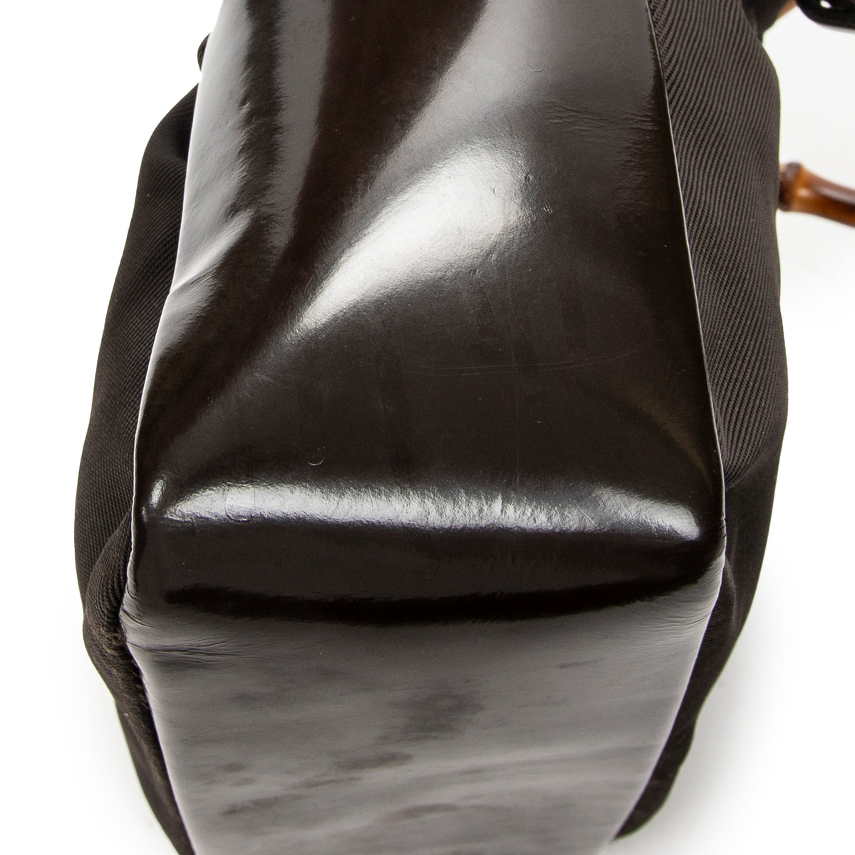 Shoulder Bag Top Handle Bamboo Satchel Dark Brown Nylon Canvas
