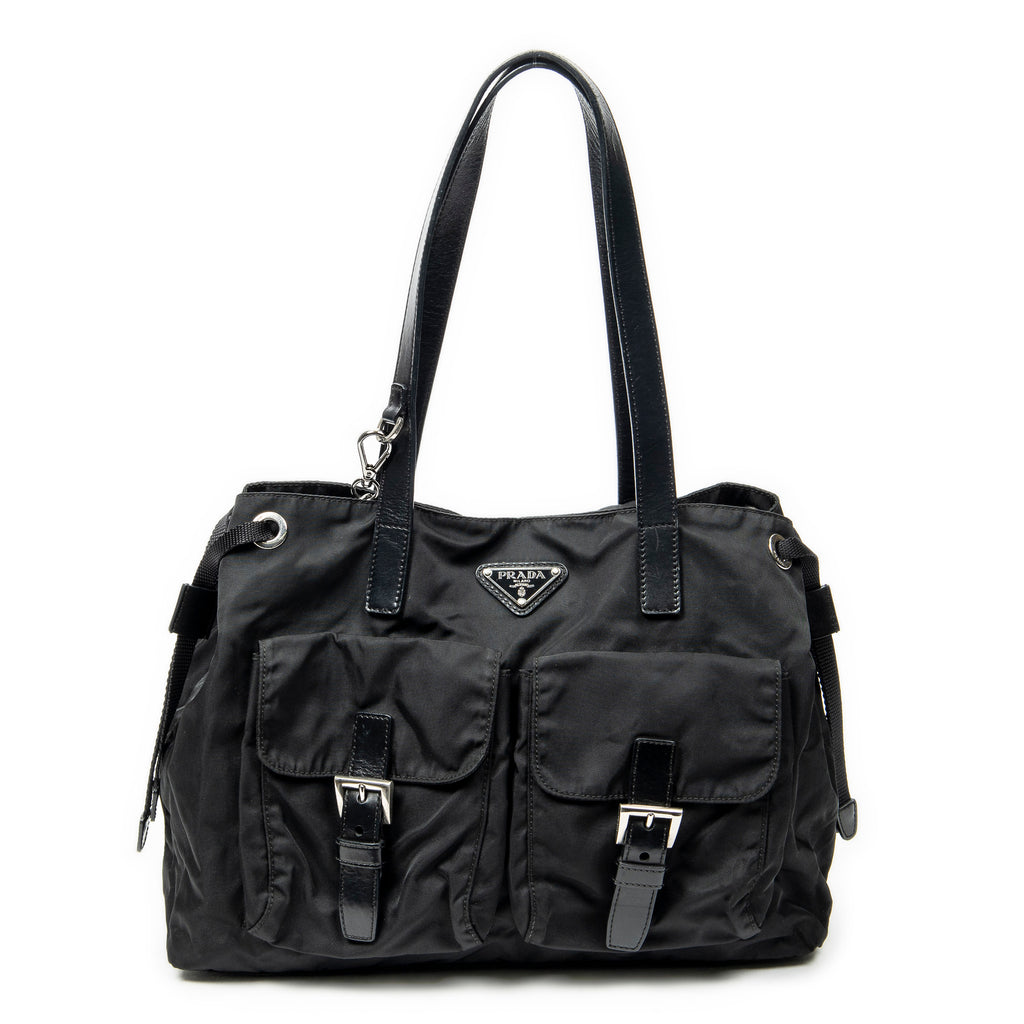 Shoulder Bag Double Pocket Drawstring Tote Black Nylon Canvas