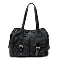 Shoulder Bag Double Pocket Drawstring Tote Black Nylon Canvas