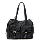 Shoulder Bag Double Pocket Drawstring Tote Black Nylon Canvas