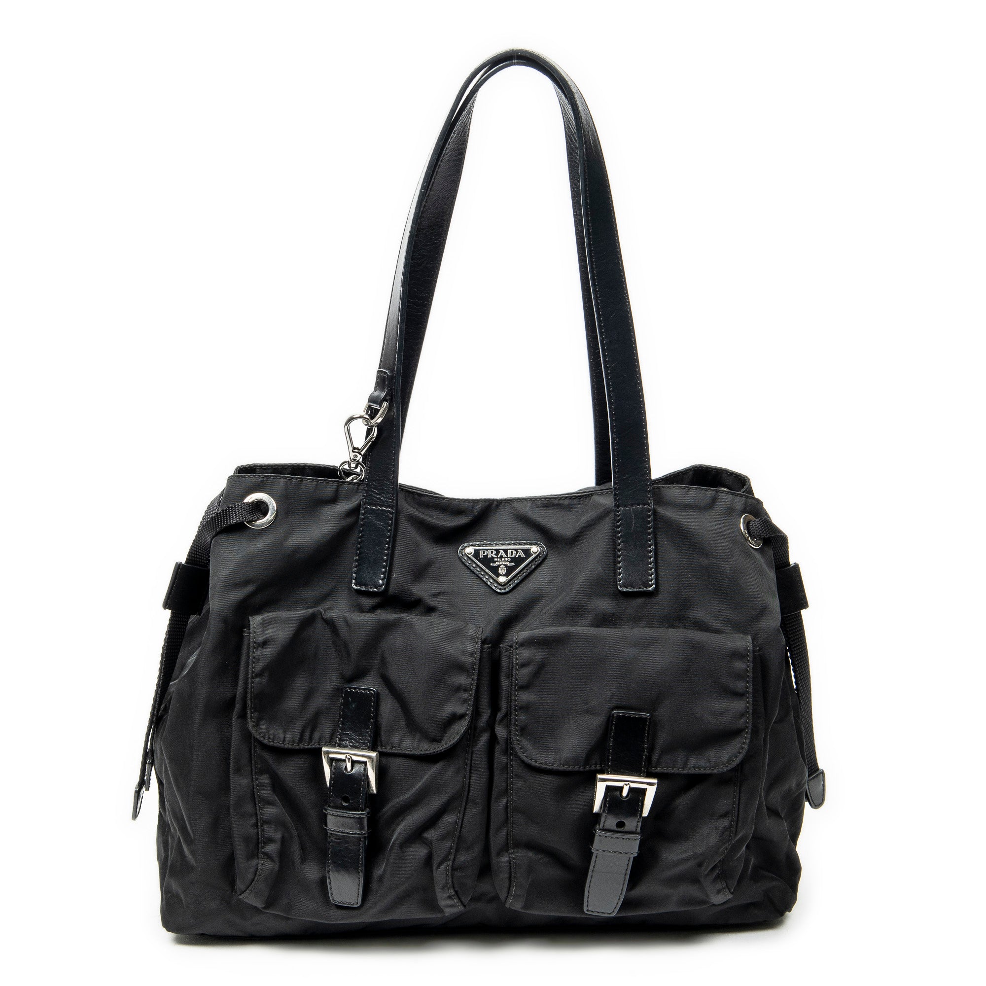 Shoulder Bag Double Pocket Drawstring Tote Black Nylon Canvas