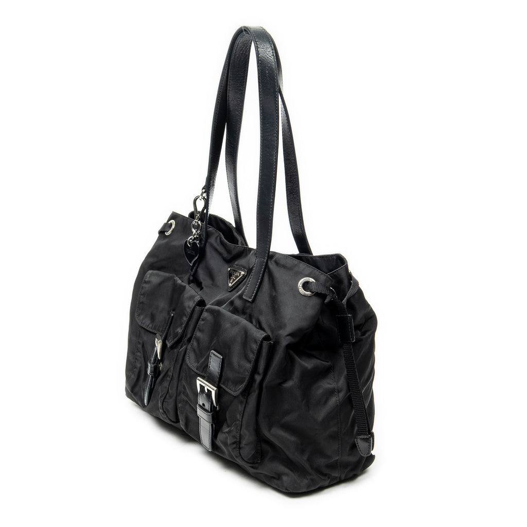 Shoulder Bag Double Pocket Drawstring Tote Black Nylon Canvas