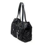 Shoulder Bag Double Pocket Drawstring Tote Black Nylon Canvas