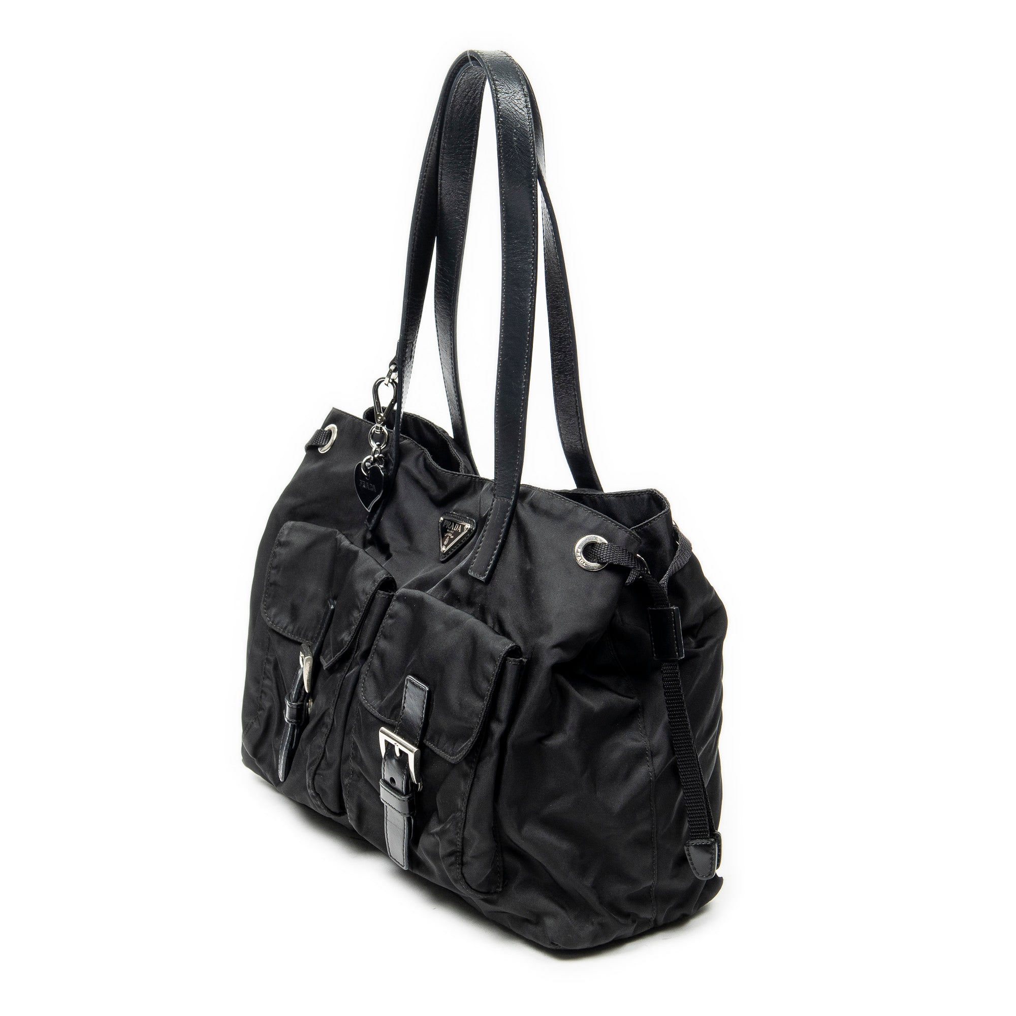 Shoulder Bag Double Pocket Drawstring Tote Black Nylon Canvas