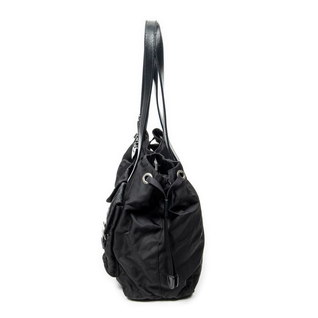 Shoulder Bag Double Pocket Drawstring Tote Black Nylon Canvas