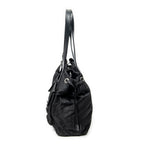 Shoulder Bag Double Pocket Drawstring Tote Black Nylon Canvas