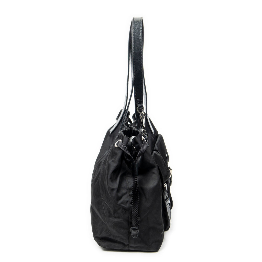 Shoulder Bag Double Pocket Drawstring Tote Black Nylon Canvas