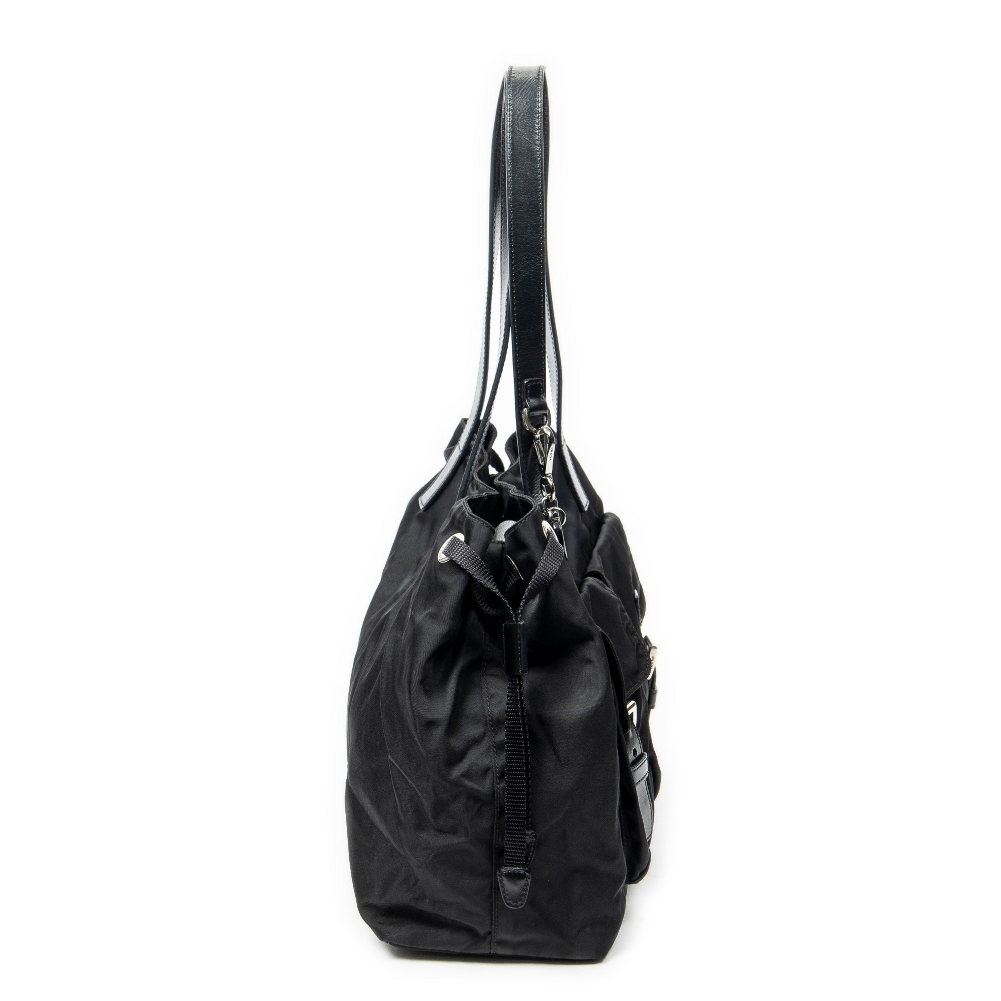 Shoulder Bag Double Pocket Drawstring Tote Black Nylon Canvas