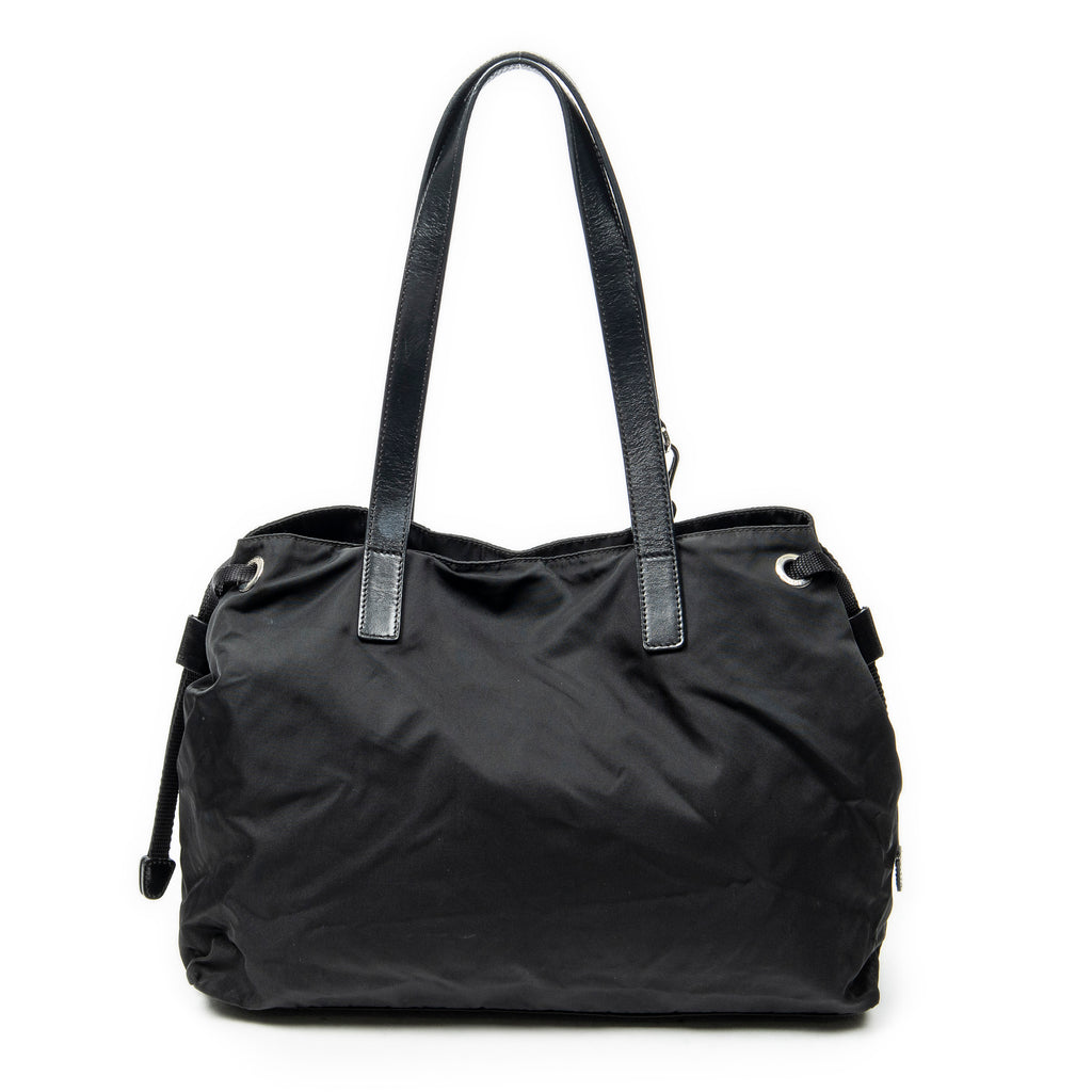 Shoulder Bag Double Pocket Drawstring Tote Black Nylon Canvas