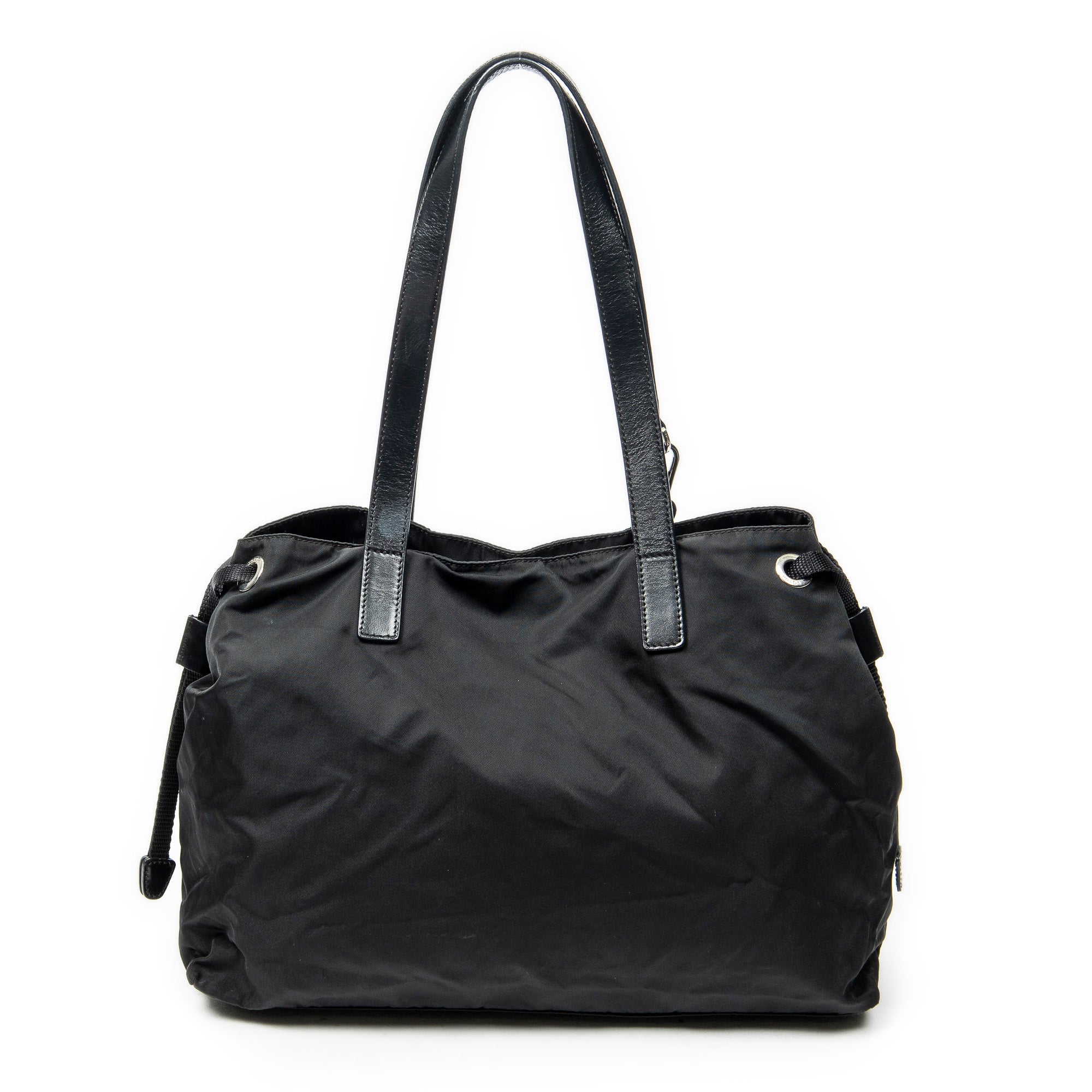 Shoulder Bag Double Pocket Drawstring Tote Black Nylon Canvas