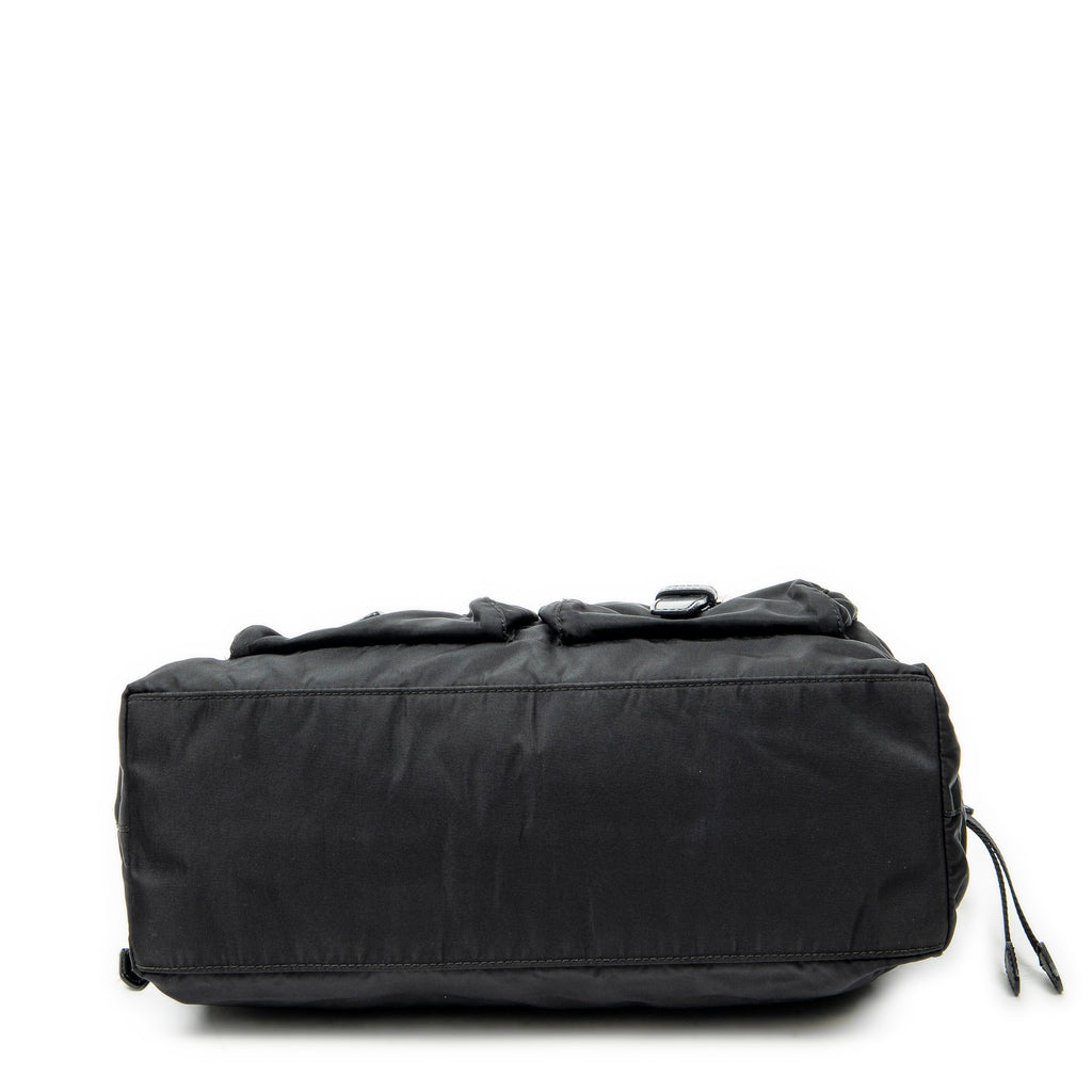Shoulder Bag Double Pocket Drawstring Tote Black Nylon Canvas