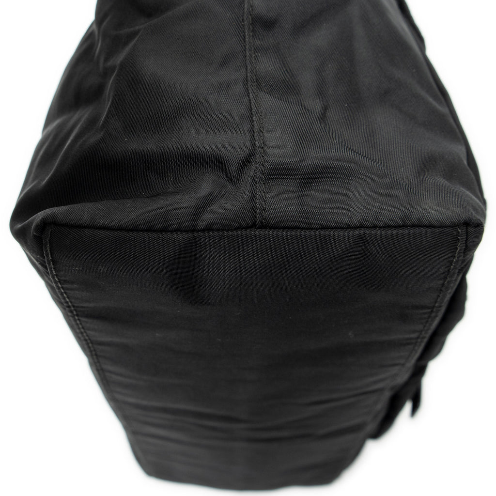 Shoulder Bag Double Pocket Drawstring Tote Black Nylon Canvas