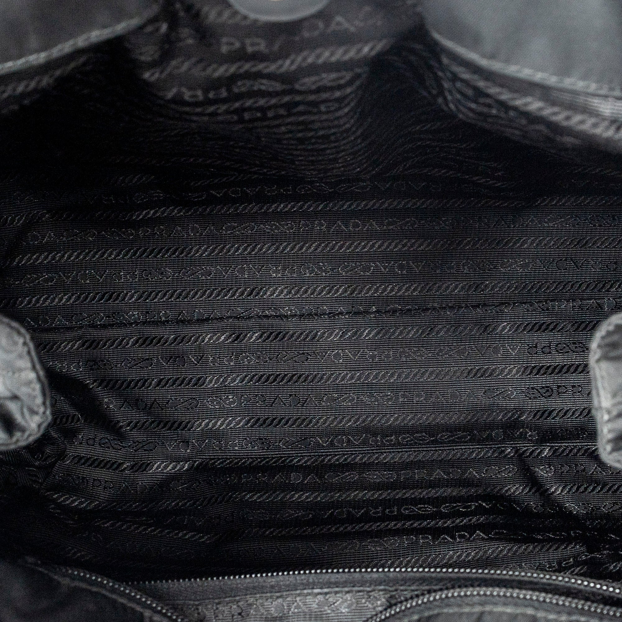Shoulder Bag Double Pocket Drawstring Tote Black Nylon Canvas