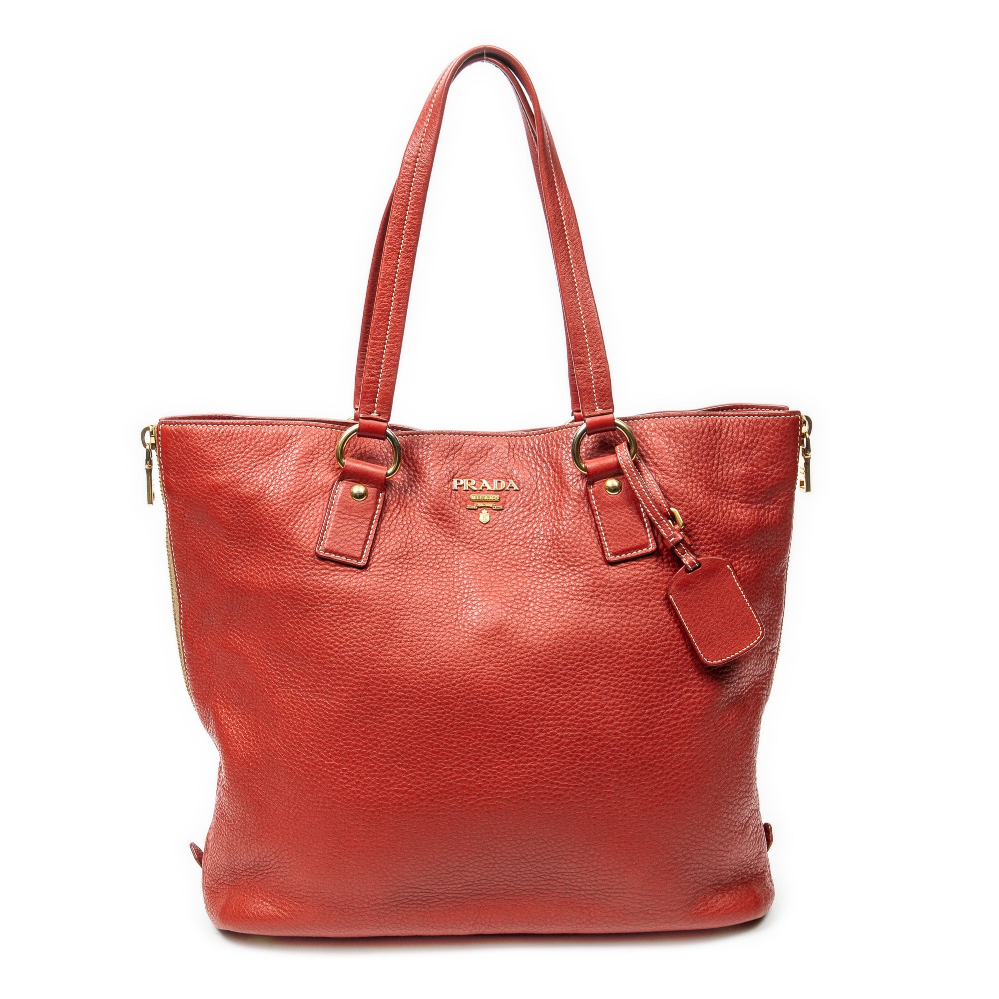 Shoulder Bag Large Side Zip Tote Red Vitello Daino Leather