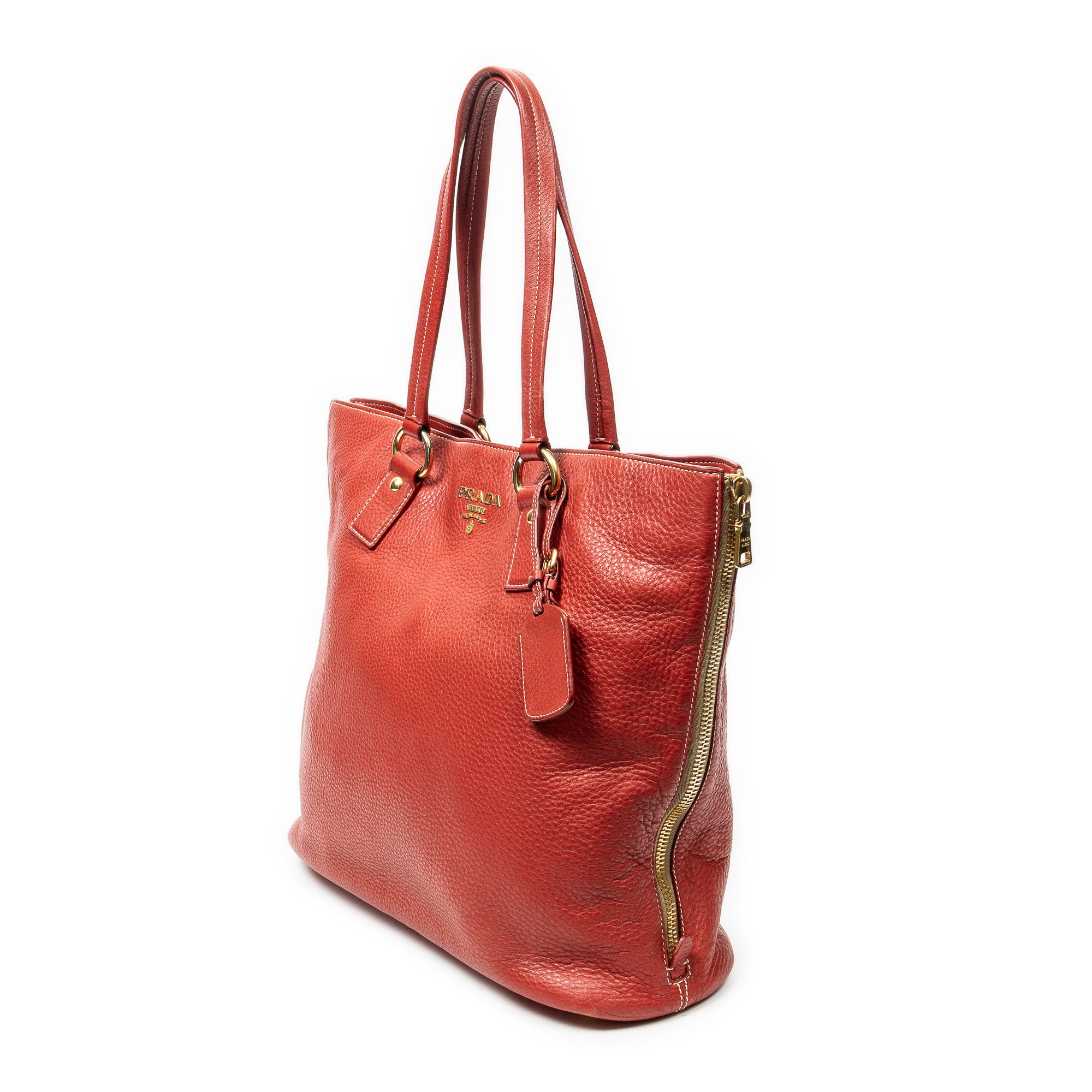 Shoulder Bag Large Side Zip Tote Red Vitello Daino Leather