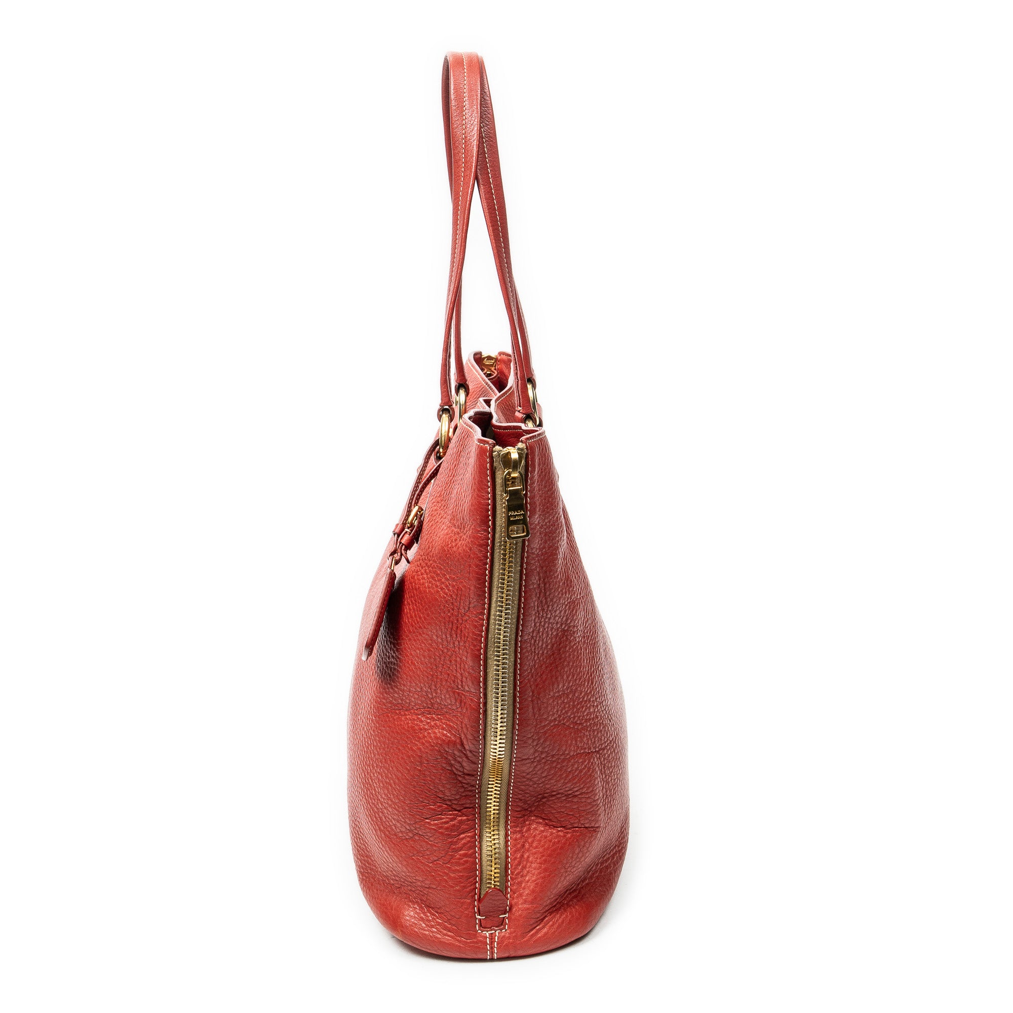 Shoulder Bag Large Side Zip Tote Red Vitello Daino Leather