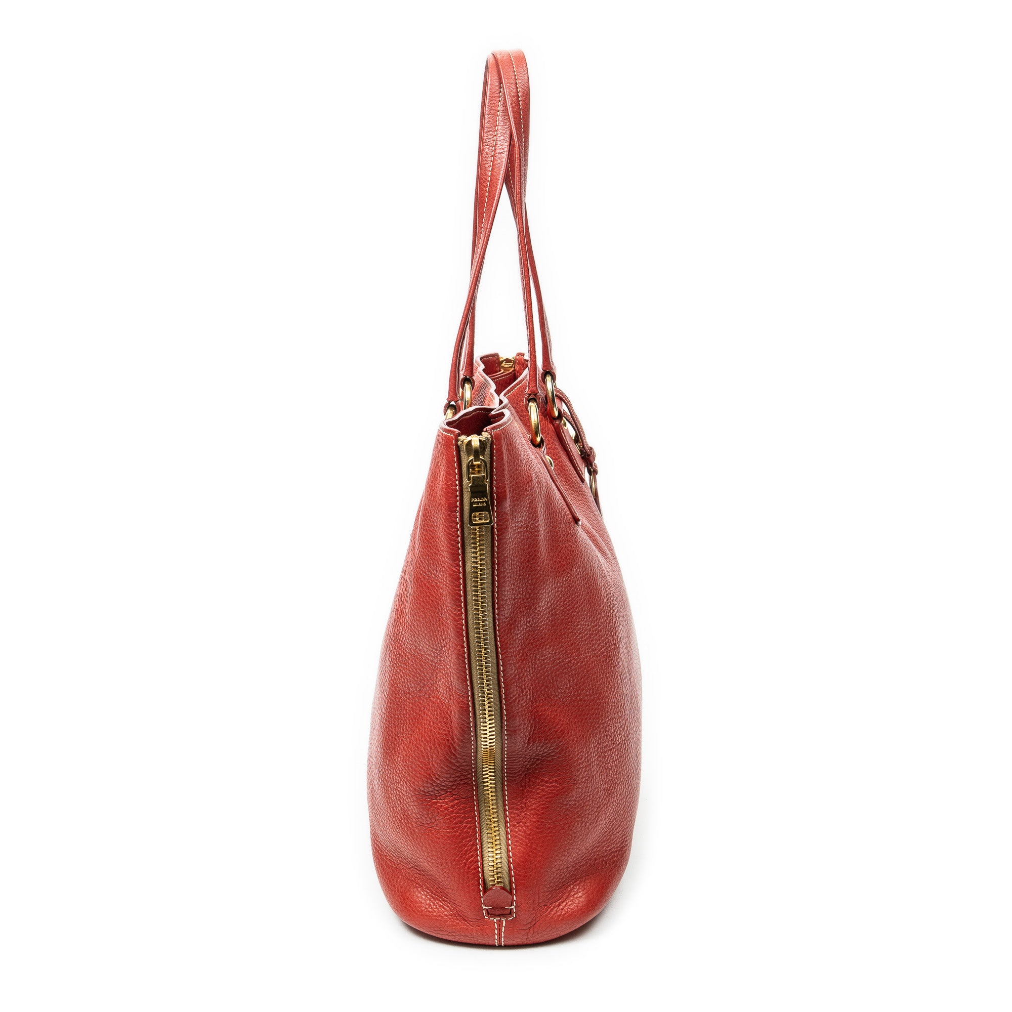 Shoulder Bag Large Side Zip Tote Red Vitello Daino Leather
