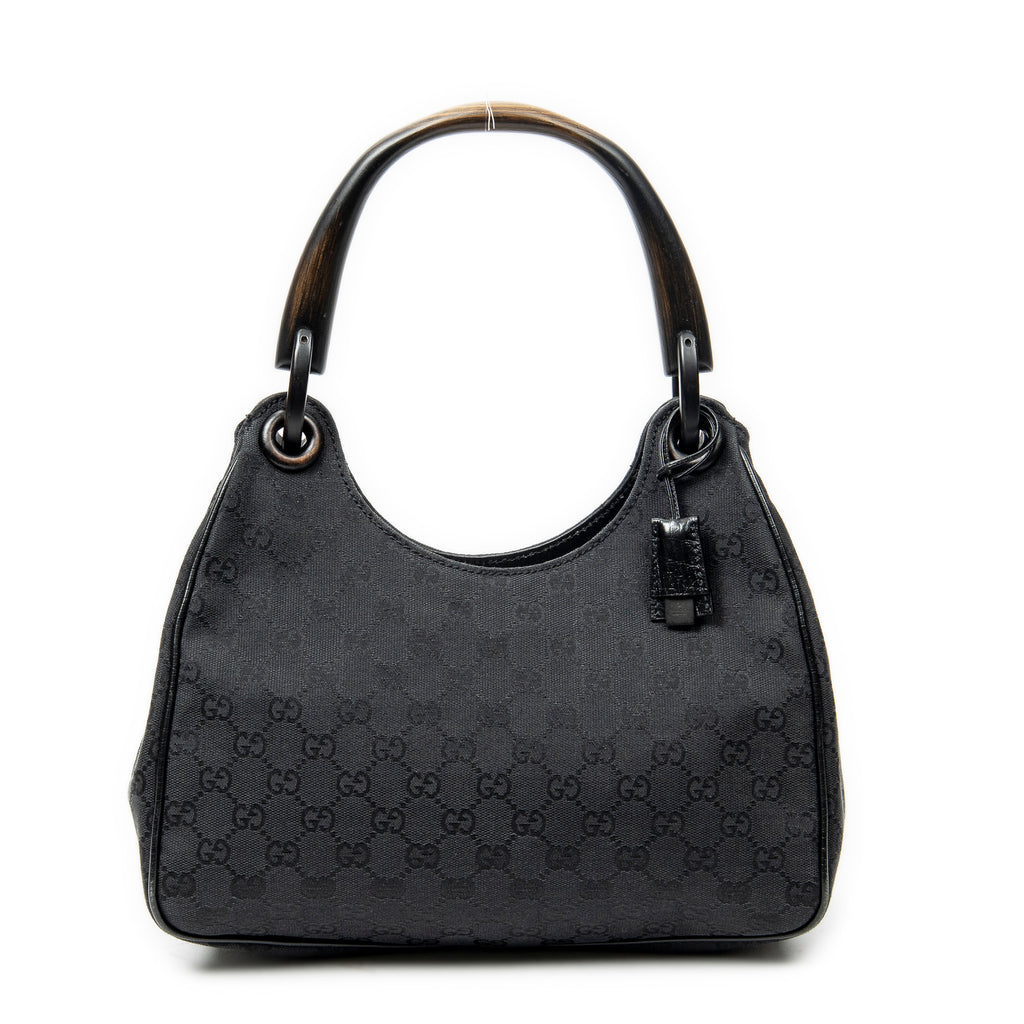 Shoulder Bag Small Wooden Handle Colbert Hobo Black Monogrammed Canvas