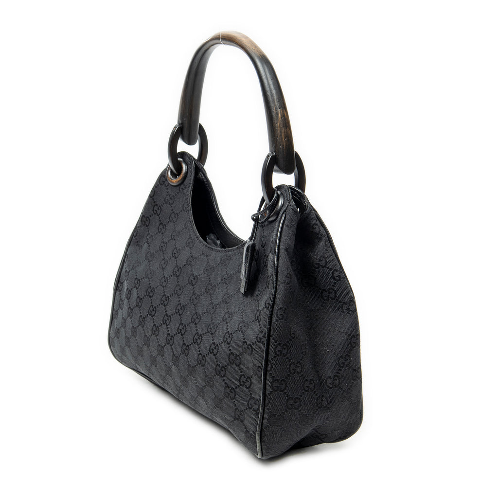 Shoulder Bag Small Wooden Handle Colbert Hobo Black Monogrammed Canvas