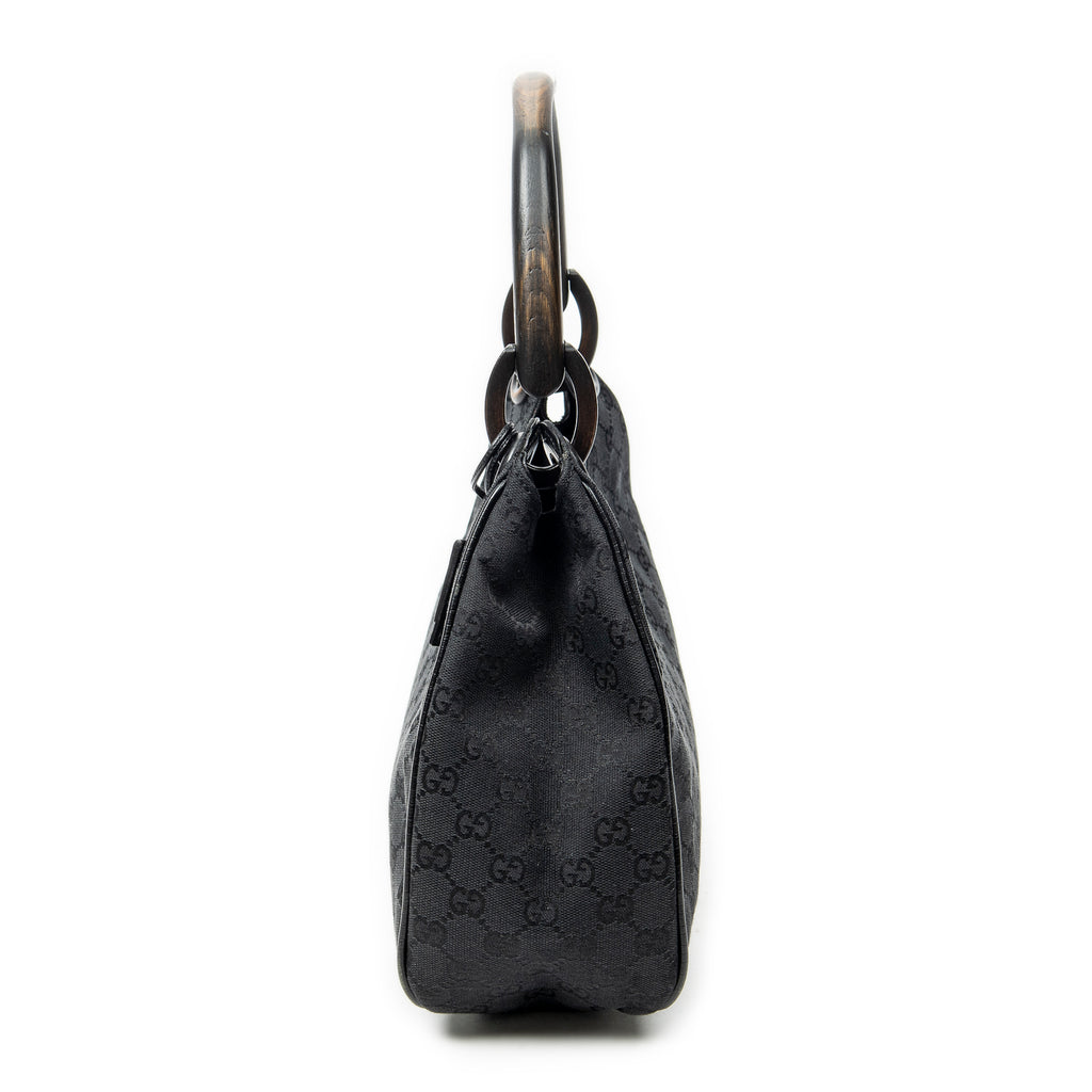 Shoulder Bag Small Wooden Handle Colbert Hobo Black Monogrammed Canvas