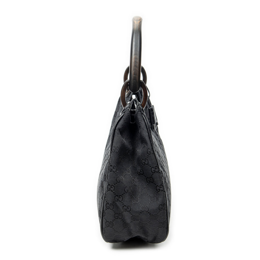 Bolso de hombro pequeño con asa de madera Colbert Hobo lona negra monograma