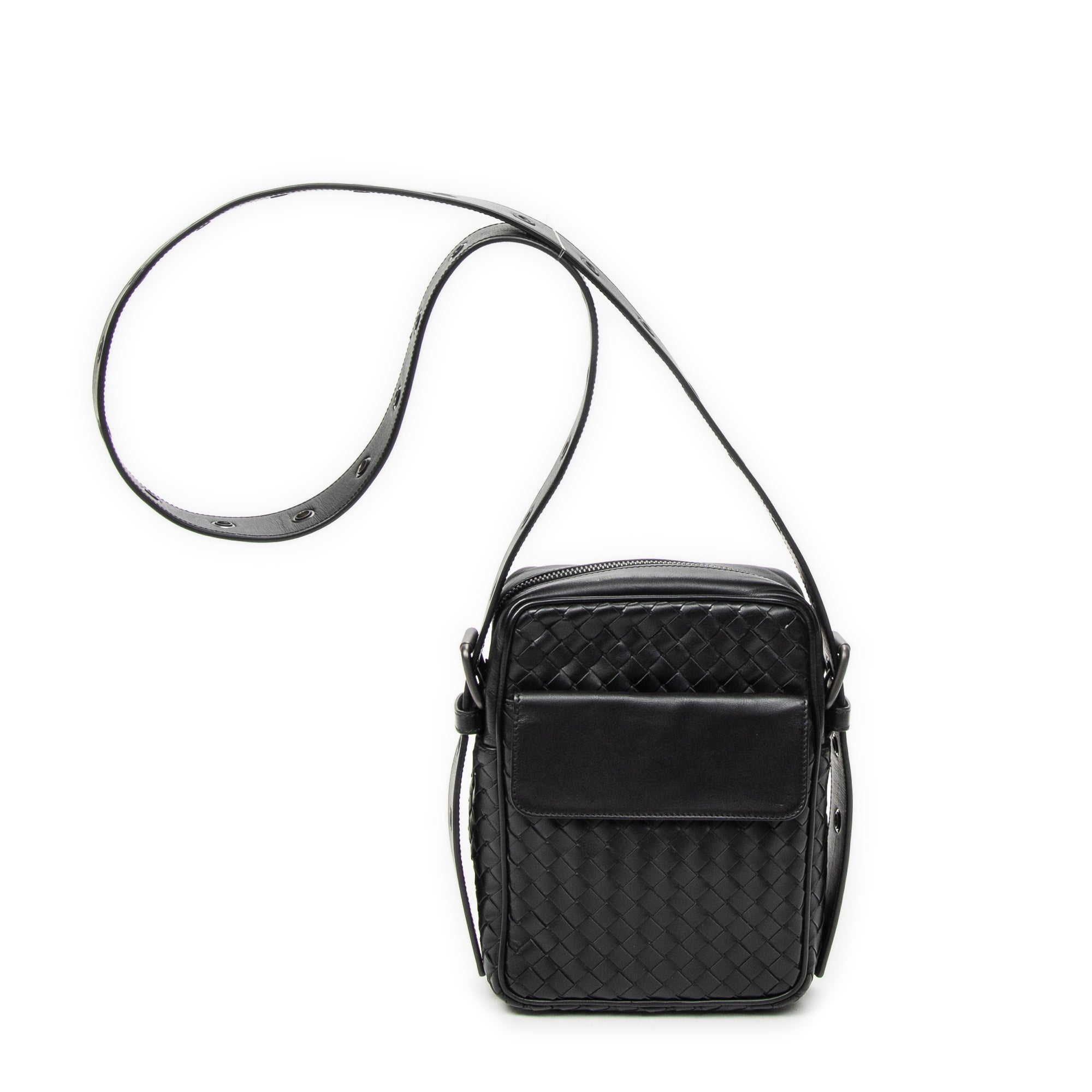 Shoulder Bag Front Pocket Crossbody Black Intrecciato Leather