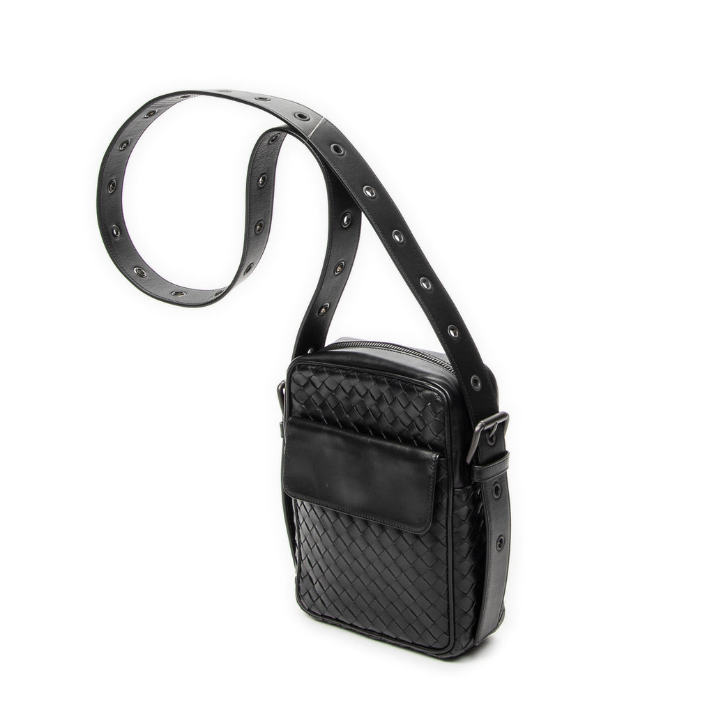 Shoulder Bag Front Pocket Crossbody Black Intrecciato Leather