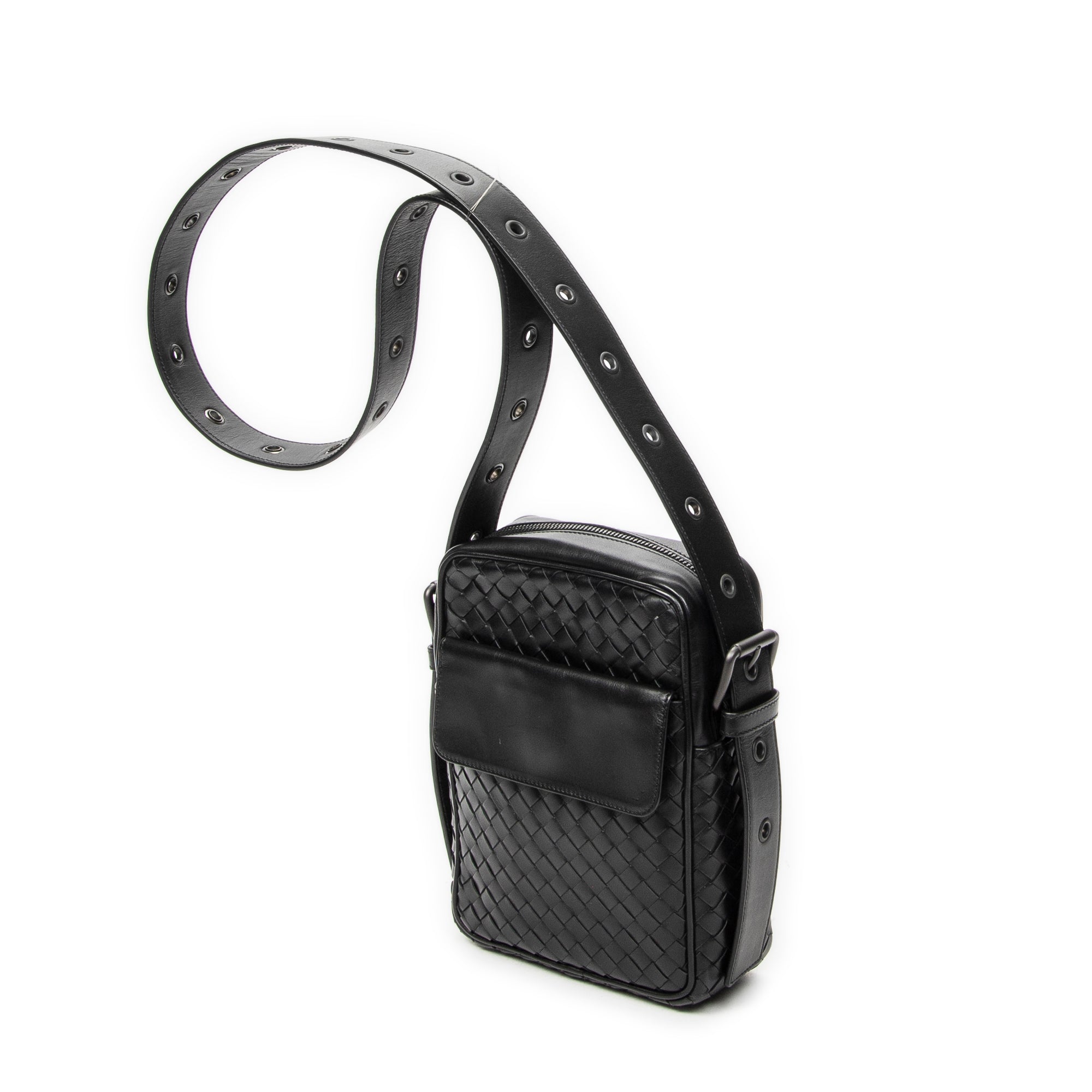Shoulder Bag Front Pocket Crossbody Black Intrecciato Leather