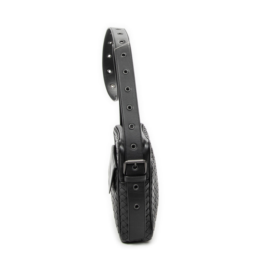 Shoulder Bag Front Pocket Crossbody Black Intrecciato Leather