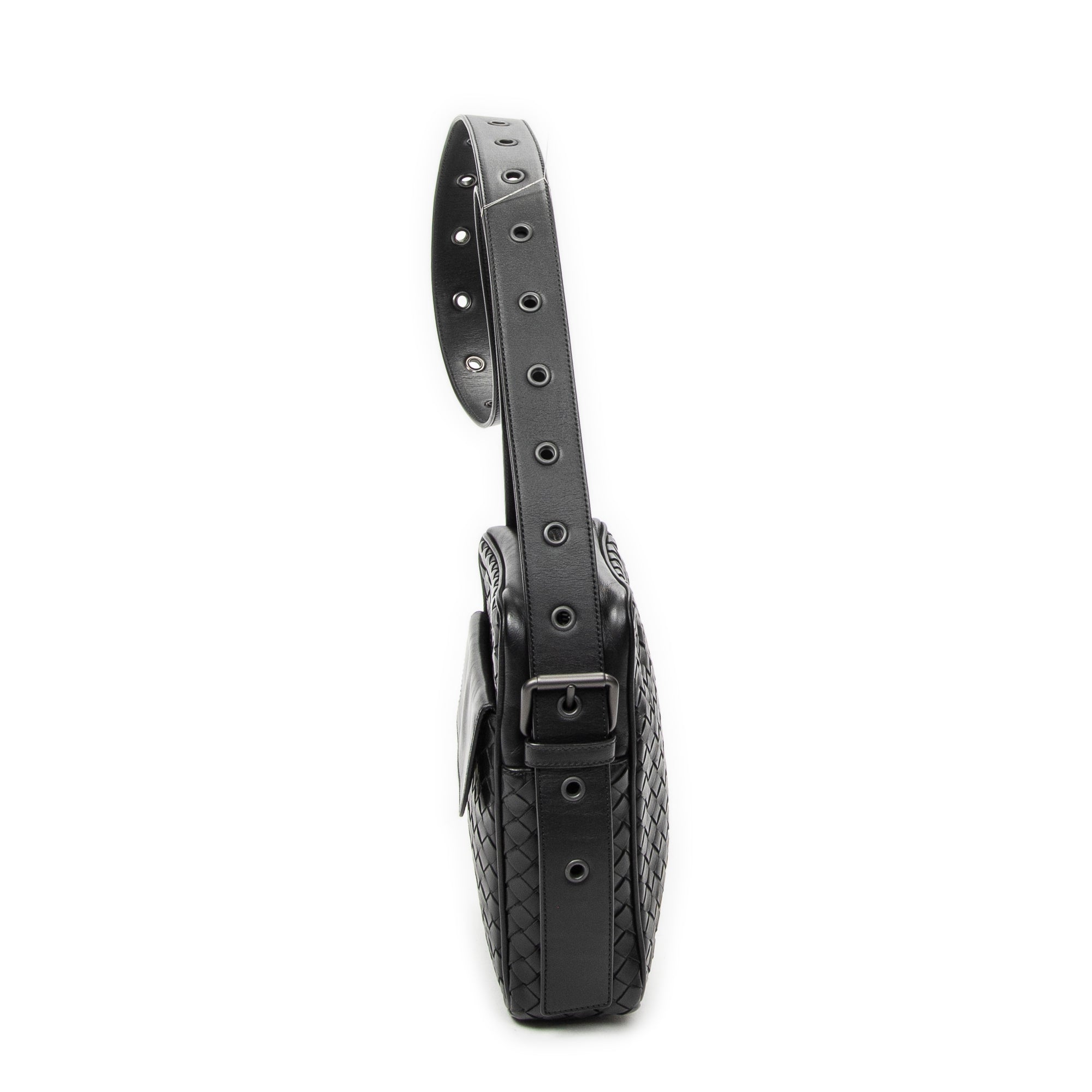 Shoulder Bag Front Pocket Crossbody Black Intrecciato Leather