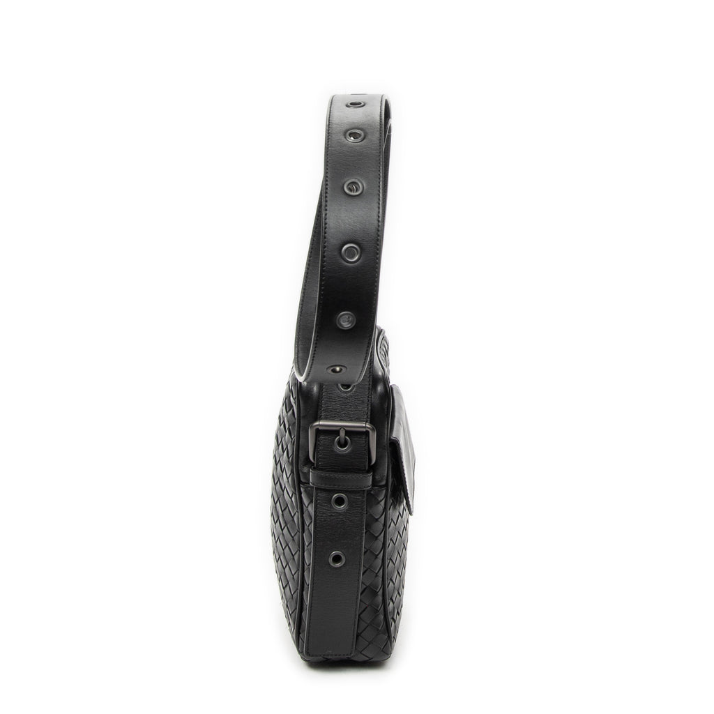 Shoulder Bag Front Pocket Crossbody Black Intrecciato Leather